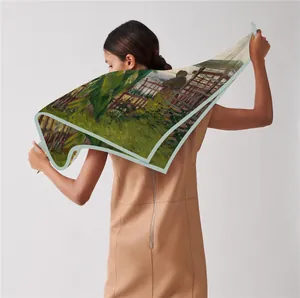 90cm Van Gogh Sunflower oil painting silk scarf draped over a brown leather dress