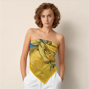 Artistic Van Gogh oil painting square silk scarf styled as a fashion crop top
