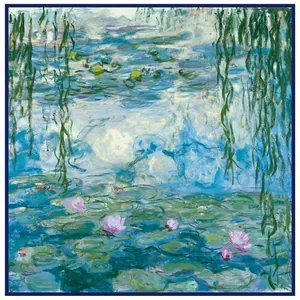 Monet Water Lilies impressionist painting square silk scarf with deep blue border trim