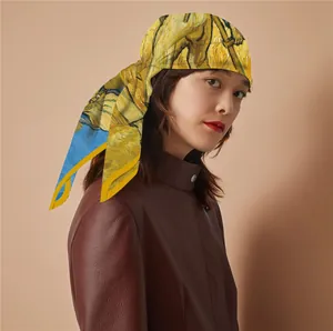 Detail of van Gogh style oil painting silk scarf with yellow sunflower artistic print