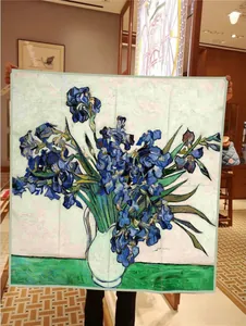 Detail of 90cm silk scarf featuring Van Gogh Iris oil painting print texture