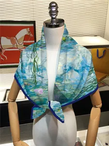 Artistic Monet Water Lilies oil painting style silk scarf on a white mannequin torso