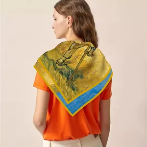 French style 90cm Van Gogh oil painting silk scarf worn by a model against a grey backdrop