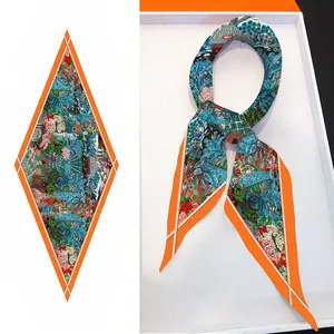 French garden style silk rhomboid scarf with orange border and tropical botanical print
