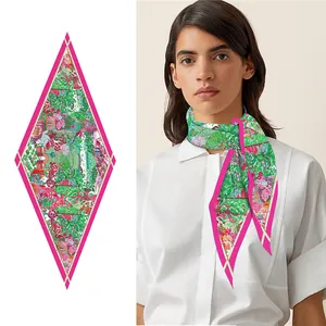 French style silk diamond scarf with botanical tropical garden print and magenta border