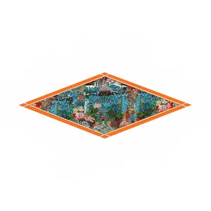 French garden floral diamond silk scarf with tropical botanical prints and orange borders
