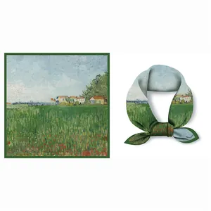 Detail of square silk scarf featuring Van Gogh green garden oil painting artwork