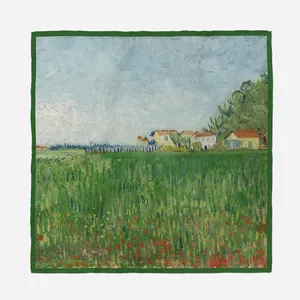 French style 53cm square silk scarf featuring Van Gogh green garden oil painting print