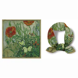 Detail of Van Gogh butterfly and poppy oil painting print on silk square neck scarf