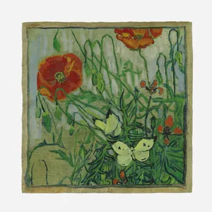 53cm square silk scarf with Van Gogh style red poppies and butterflies oil painting print