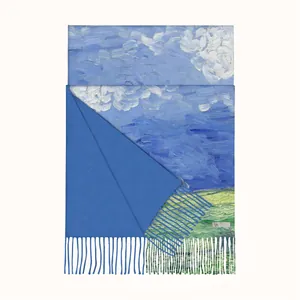 Kaschmirschal im Van-Gogh-Ölgemälde-Stil mit eleganten blauen Fransen für Damen im Winter