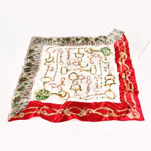 90cm large square silk scarf with classic horse harness buckle print in red and gold