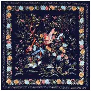Carré en Satin Imprimé Fleurs et Oiseaux Style Français Grand Léger Doux Élégant Écharpe Décorative Châle pour Femme Quotidien Voyage