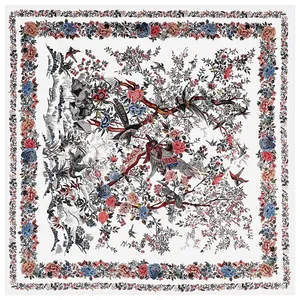 Carré de soie français à fleurs et oiseaux, grand châle en sergé de 130cm aux motifs roses