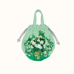 Artistic mint green drawstring handbag featuring a Van Gogh style rose oil painting print