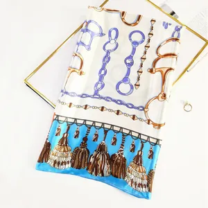 90cm square silk scarf featuring horseshoe chain tassel print and elegant blue border