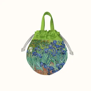 Artistic Van Gogh Iris floral painting tote bag with drawstring in bright green color