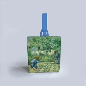 Artistic Van Gogh First Steps print canvas tote bag with vibrant blue woven handles
