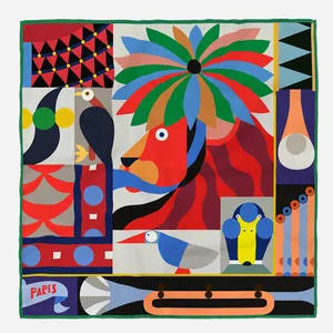 Détail du foulard en soie artistique avec motif lion et oiseaux et impression en sergé