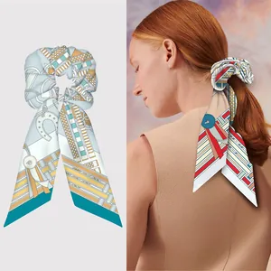 French Style Satin Twill Ponytail Hair Scarf Ribbon For Women Elegant Equestrian Horse Print Scrunchie Scarf Tie Fashion Hair Accessories