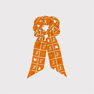 Bandeau en soie orange avec motif équestre et grille blanche pour queues de cheval
