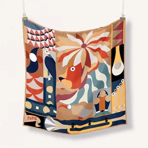 Carré de soie 53cm artistique avec illustration Paris, motifs de lion et motifs géométriques