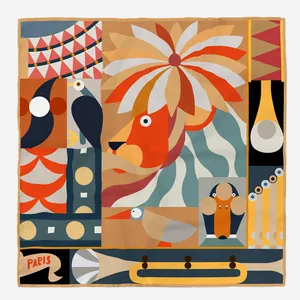 Vue détaillée d'un motif animalier géométrique abstrait sur un foulard en soie de luxe