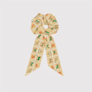 Chouchou à Ruban en Satin de Style Français pour Femmes Élastique à Cheveux Imprimé Équestre Élégant Nœud en Imitation Soie Porte Queue de Cheval Accessoires de Cheveux