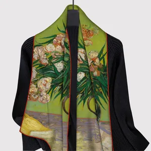 Van Gogh Oleanders art print silk scarf in green with elegant red edge detail