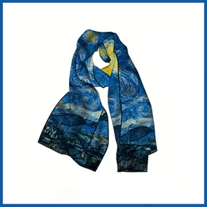 Écharpe longue en soie Nuit Étoilée de Van Gogh pour femme, foulard artistique 150cm