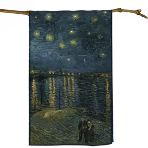 Van Gogh Starry Night long scarf hanging on a wooden branch with artistic oil painting print