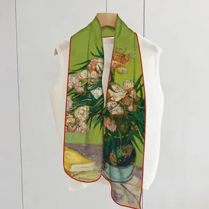Artistic van Gogh oleander print scarf featuring vibrant green silk fabric and red piping