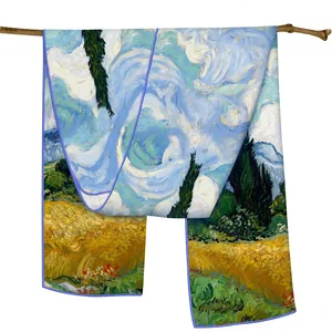Écharpe longue en soie Van Gogh Champ de blé et cyprès sur une branche en bois