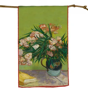 Van Gogh Oleanders art print silk scarf hanging on a rustic wooden branch decoration