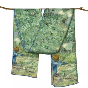 Écharpe en sergé avec peinture à l'huile Van Gogh motif verger sur décor en bois