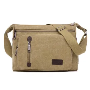 Men's khaki canvas messenger bag with multi-zipper pockets and adjustable strap