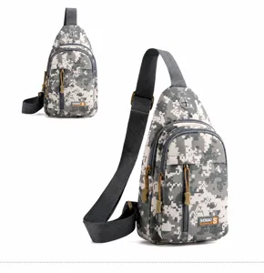 Close-up of ACU digital camo chest bag with durable fabric and headphone port
