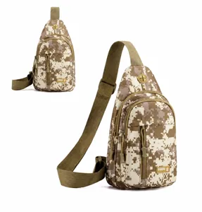 Detail of desert digital camo chest bag with earphone port and adjustable strap