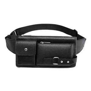 Men's minimalist black PU leather waist bag with multi-zipper pockets and adjustable strap