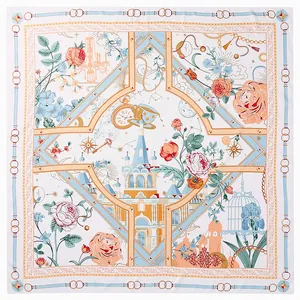 Elegant Women Satin Square Scarf Vintage Rose Architecture Print Large Fashion Shawl Wrap For Travel Daily Lady Gift