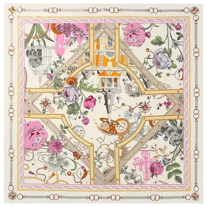Artistic silk scarf with 130cm architectural rose design and vintage palace patterns