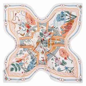 Elegant 130cm square silk scarf featuring rose, architecture, and birdcage motifs on beige