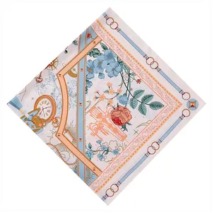 Elegant 130cm square silk scarf featuring vintage floral and rose motifs in pastel tones