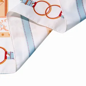 Classic 130cm horse harness pattern silk twill scarf with vibrant blue and orange prints