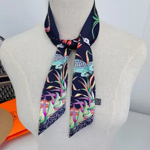 Women Elephant Crocodile Animal Pattern Satin Twilly Scarf Tropical Plant Print Narrow Handbag Handle Wrap Ribbon Hair Band