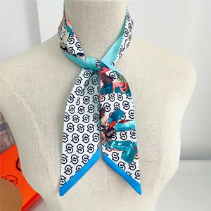 Women's Satin Long Skinny Scarf Versatile Ribbon For Hair Bags Neck Abstract Letter Pattern Digital Printed Fashion Accessories