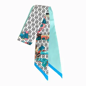 Dual-sided silk twilly scarf with abstract rainbow print and light blue backing