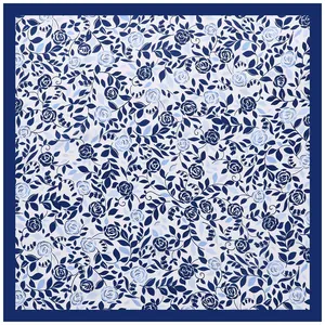 60cm vintage floral square silk scarf with navy blue rose pattern and wide border