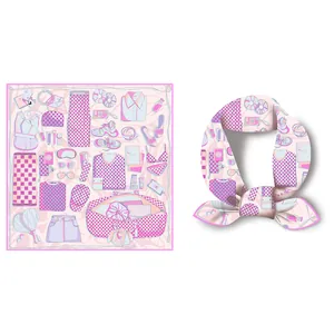 Foulard di seta francese 53cm in raso rosa con motivi di illustrazioni di viaggio