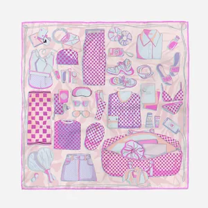 Foulard Quadrato in Raso da Donna Stile Francese con Stampa di Illustrazioni di Moda Motivo a Scacchiera Fascia per Capelli